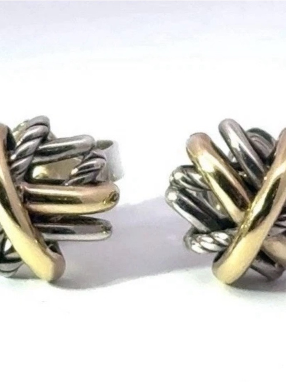New David Yurman 18K Gold Silver Two-Tone Knot Cable Stud Earrings - - Picture 3 of 6